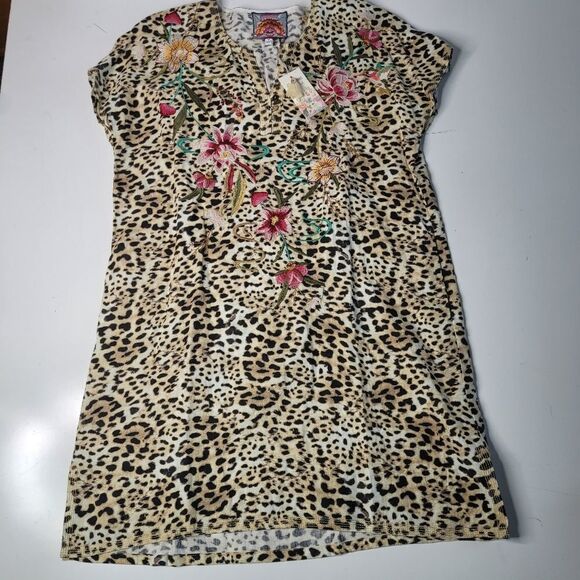 $295 JOHNNY WAS NEW LEOPARD EMBROIDERED FLORAL POPOVER DRESS COVER UP MEDIUM NWT - Picture 8 of 14
